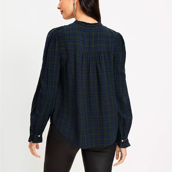 Plaid Ruched Ruffle Neck Blouse - Picture 3 of 4